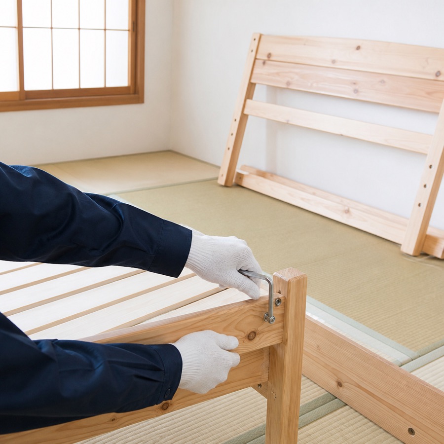 六角レンチでベッドフレームを解体しているところ