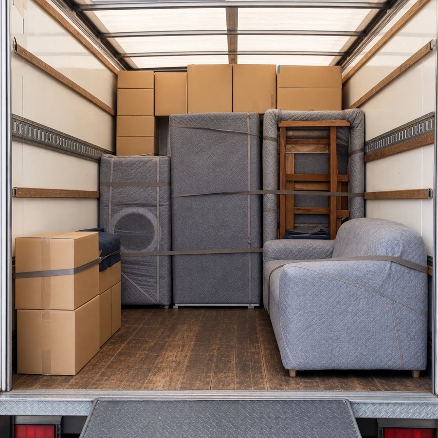 2tトラックの荷台に養生して積まれた家具と段ボール
