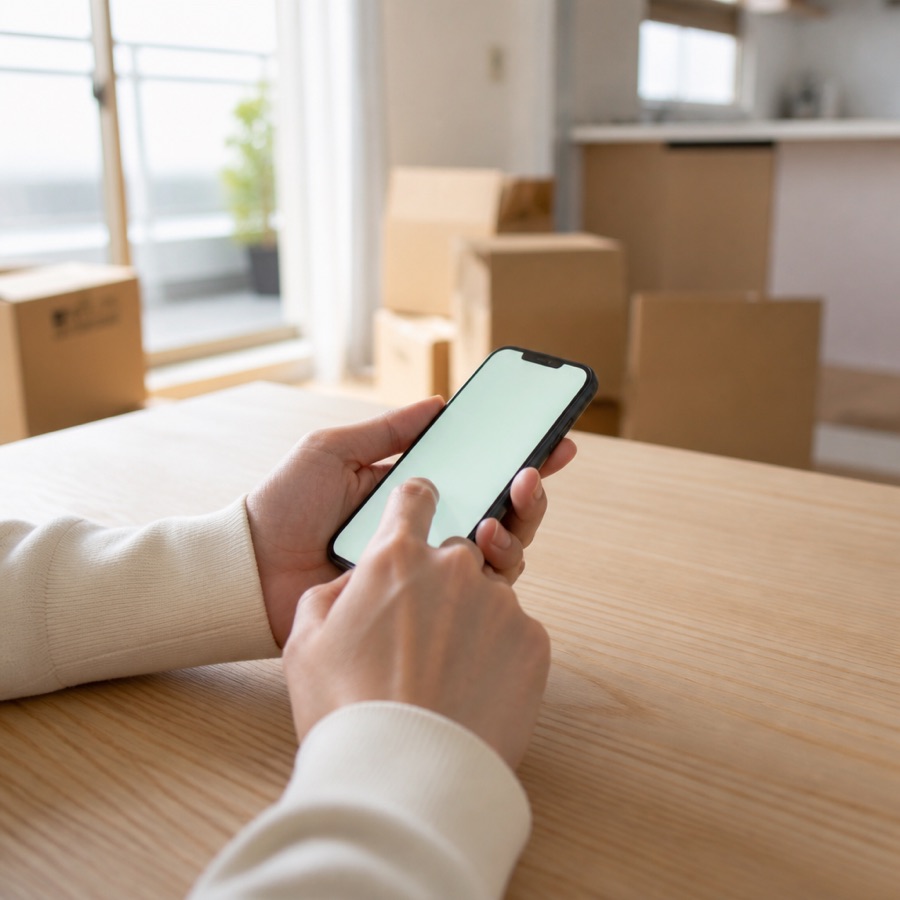 段ボールの置かれた部屋でスマートフォンを操作している手元