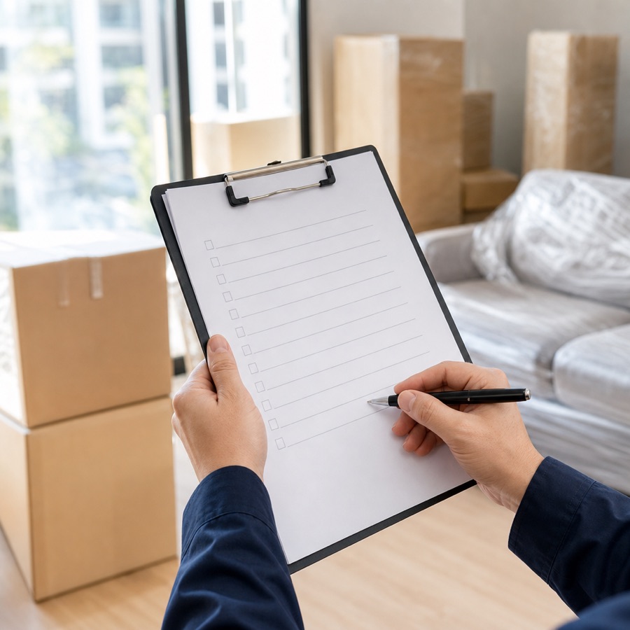 荷物の前でチェックリストを確認している作業員の手元